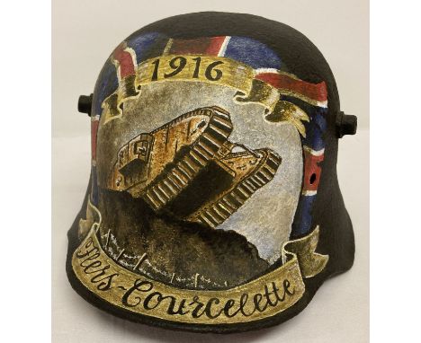 A WWI German Stalhelm helmet with post war hand painted commemorative detail.  Painting in memoriam of Flers-Courcelette, 191