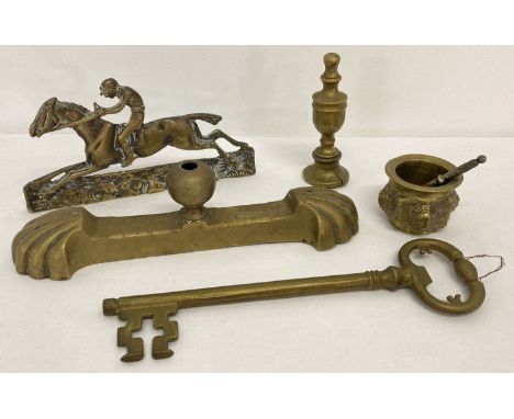5 vintage brass items to include decorative key and racehorse mantle ornament.  
