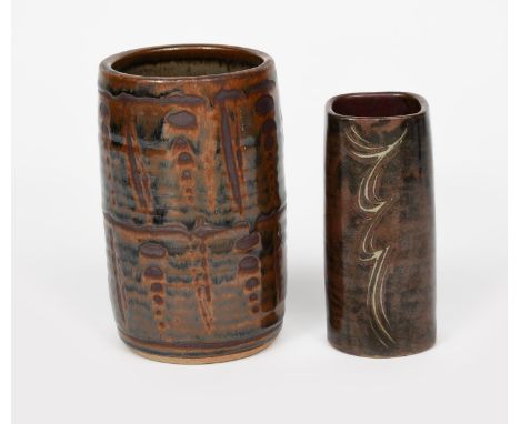 ‡ David Leach OBE (1911-2005) a Lowerdown Pottery stoneware vase, square section, covered in a running tenmoku glaze, one fac
