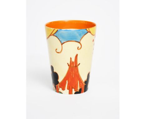 'Summerhouse' a Clarice Cliff Fantasque Bizarre Conical beaker, painted in colours, printed factory marks, 9.5cm. high