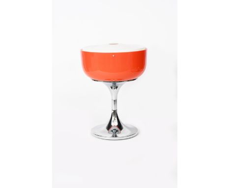 An I Guzzini acrylic and chrome table lamp designed by Harvey Guzzini,  orange acrylic shade with opaque acrylic uplighter sh