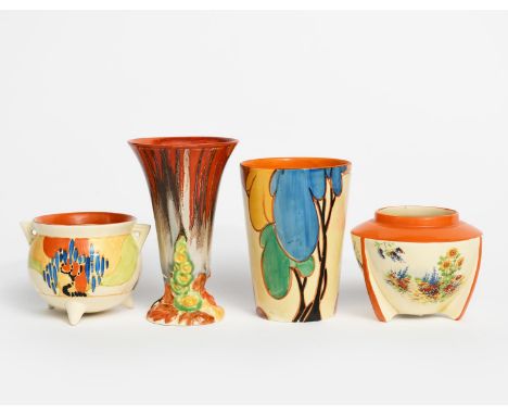 'Windbells' a Clarice Cliff Bizarre Cauldron,  painted in colours, a Clarice Cliff 'Autumn' Cylindrical beaker, a 'My Garden'