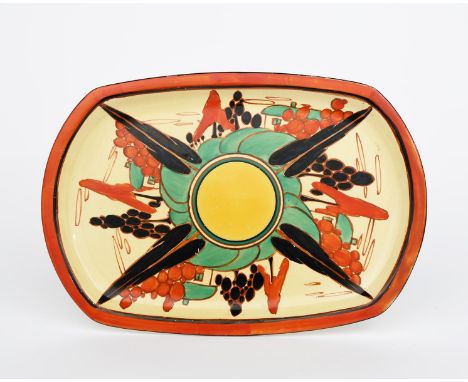 'Red Trees and House' a Clarice Cliff Fantasque Bizarre tray, painted in colours with radial repeat inside red and black band