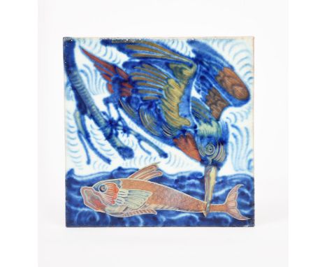 A William De Morgan Late Fulham Period triple lustre tile,  painted with a kingfisher catching a scaly fish swimming in a riv