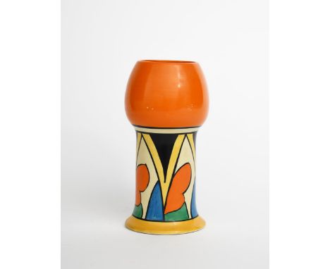 'Double V' a Clarice Cliff vase, shape no.268, painted in colours between orange and yellow bands, printed factory marks, 20c