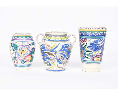 A Poole Pottery twin-handled vase by Hilda Hampton, pattern CU, painted with Art Deco flowers and foliage in blue, mushroom, 