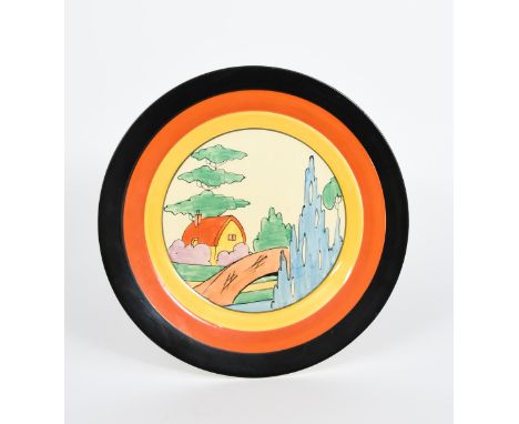 'Orange Roof Cottage' a Clarice Cliff Bizarre plate, painted in colours inside yellow, orange and black bands, printed factor