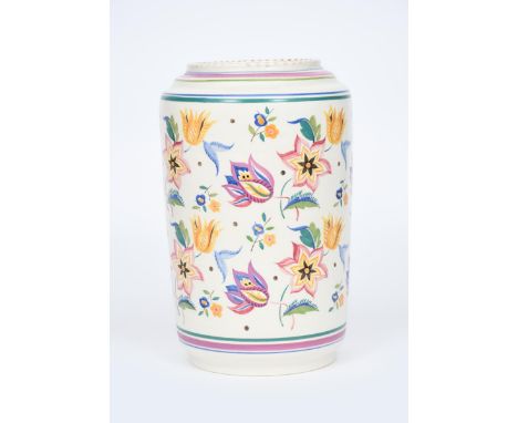 A Poole Pottery vase by Ruth Pavely, pattern MJ, shouldered cylindrical form, painted with Art Deco flowers in colours on a w