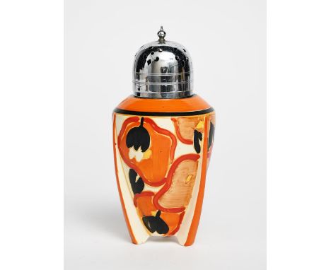 'Orange Chintz' a Clarice Cliff Fantasque sugar sifter with electroplated cover,  the streamlined body on tripod feet, painte