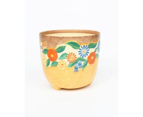 'Canterbury Bells' a Clarice Cliff Bizarre Dover jardiniere, painted in colours printed and painted marks, 19.5cm. high Prove