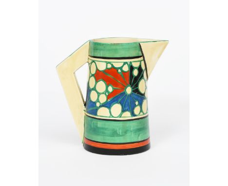 'Broth' a Clarice Cliff Fantasque Bizarre Conical jug, painted in colours between green, red and black bands, printed factory