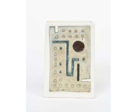 An early Troika Pottery vase,  rectangular form, modelled in low relief with a stylised figure with large heart motif, the re