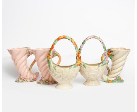 'My Garden' a Clarice Cliff basket and rose, model no., moulded in low relief with basket design, the handle flowers, in colo