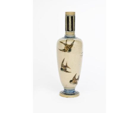 A Martin Brothers stoneware vase, dated 1883, incised with a flock of martin birds flying and catching insects, in shades of 