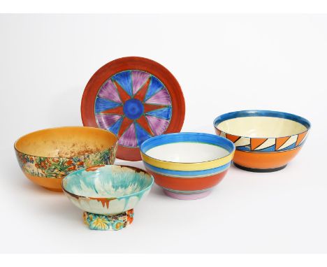 'Original Bizarre' a Clarice Cliff plate,  painted with a red star radiating for the well, in red and blue outlined in green 