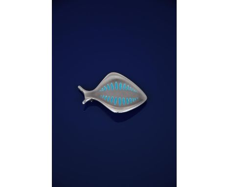 A Georg Jensen silver and enamel fish brooch designed by Henning Koppel, model no.343, the stylised fish enamelled in  blue, 