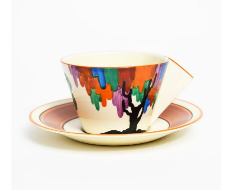 'Latona Tree' a Clarice Cliff Bizarre Conical cup and saucer, painted in colours on a Latona white ground, printed factory ma