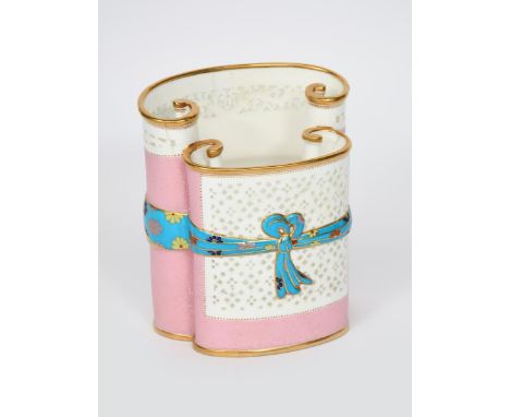 An Aesthetic Movement Minton porcelain basket,  double, pierced scroll form with central tie enamelled in colours with flower