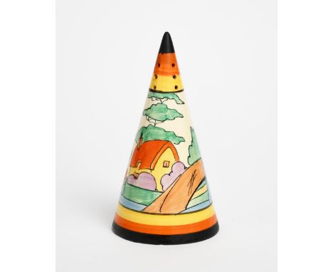 'Orange Roof Cottage' a Clarice Cliff Conical sugar sifter, painted in colours between yellow, orange and black bands, printe