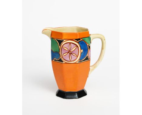 'Sliced Fruit' a Clarice Cliff Athens jug, painted in colours inside orange and black bands, printed factory marks, 18cm. hig