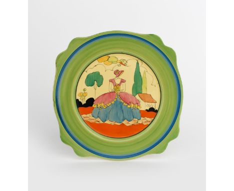 'Idyll' a Clarice Cliff Fantasque BIzarre  plate, painted in colours inside green and blue bands, printed factory marks, mino