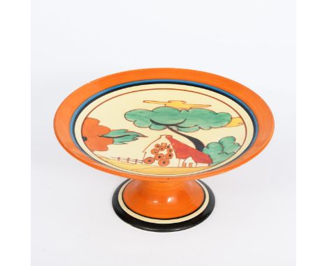 'Red Roofs' a Clarice Cliff Fantasque Bizarre tazza, painted in colours inside black, blue and orange bands, printed factory 