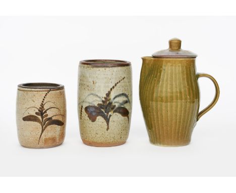 ‡ David Leach OBE (1911-2005) a Lowerdown Pottery stoneware vase,  cylindrical form with inverted top rim, painted in tenmoku