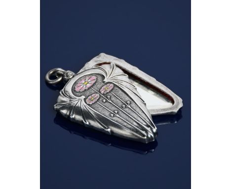 A Jugendstil Firma Erhard and Sohne silver and enamel locket,  cast in low relief with Art Nouveau flower stems, enamelled in