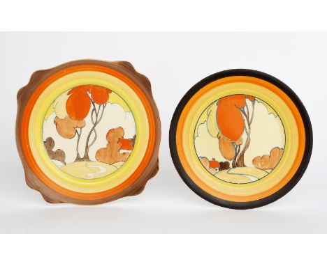 'Orange Autumn' a Clarice Cliff Bizarre plate, painted in colours inside yellow, orange and brown bands, and another Clarice 
