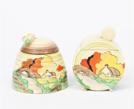 'Lorna' a Clarice Cliff Beehive Honeypot and cover, painted in colours, and a Clarice Cliff 'Lorna' Bon Jour preserve pot and