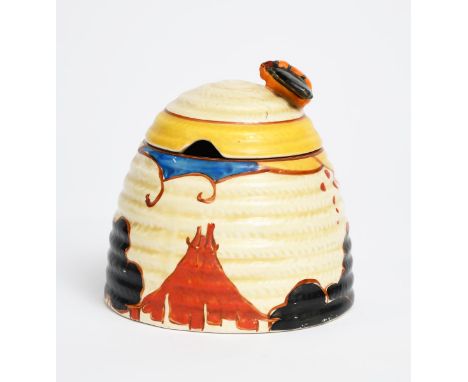 'Summerhouse' a Clarice Cliff Fantasque Bizarre large  Beehive honey pot and cover, painted in colours printed factory marks,