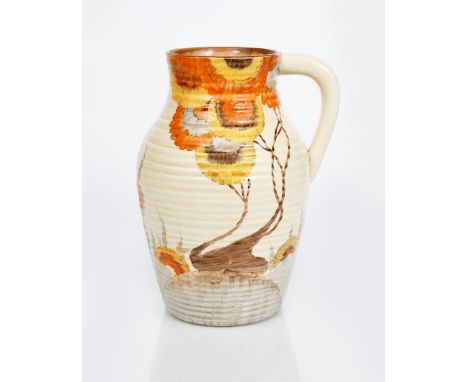 'Rhodanthe' a Clarice Cliff Bizarre single handled Lotus jug, painted in colours printed factory marks, 29.5cm. high Provenan