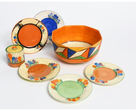 'Original Bizarre' a Clarice Cliff Octagonal bowl, painted with panels of triangles and diamonds in orange, blue, green and y