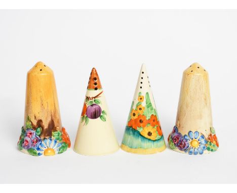 'Fragrance' a Clarice Cliff Bizarre Conical sugar sifter, painted in colours a Honeyglaze Conical sugar sifter painted with p