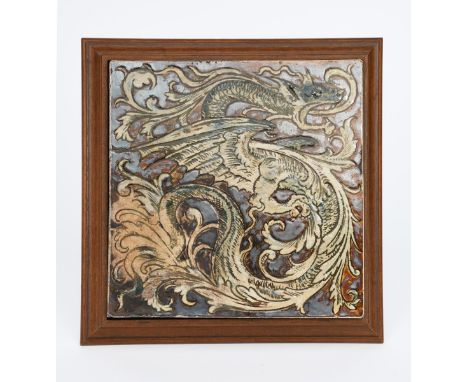 A Martin Brothers stoneware Dragon tile, square, incised and painted with a ferocious dragon, glazed brown on a buff ground, 