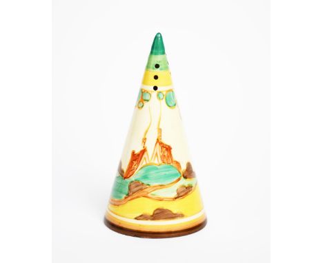 'Secrets' a  Clarice Cliff Fantasque Bizarre Conical sugar sifter, painted in colours between green, yellow and brown bands p