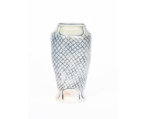 A Martin Brothers stoneware vase, shouldered square section, incised in low relief with a hanging net design, in blue on a si