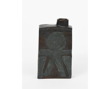 A rare Troika Pottery Gingerbread Man flask,  rectangluar with offset folifleur neck, cast in low relief with a figure, the r