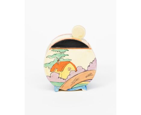'Orange Roof Cottage' a Clarice Cliff Bon Jour preserve pot and cover, painted in colours printed factory marks, 11cm. high (