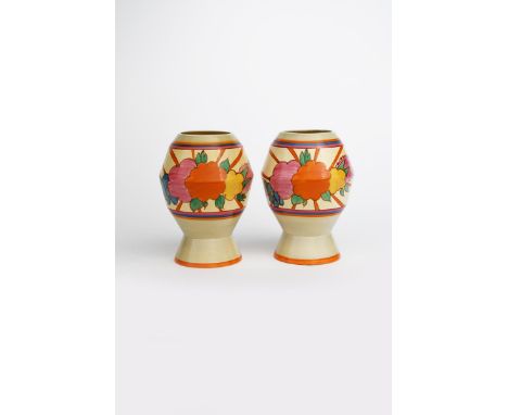 'Fruitburst' a pair of Clarice Cliff Fantasque BIuzarre 365 vases, painted in colours betwene orange, blue and grey bands, pr