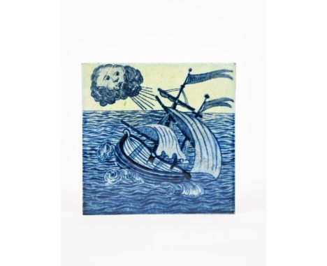 A rare William De Morgan Merton Abbey tile,  painted with the wind blowing a sailing ship on a calm sea, in blue on a white g