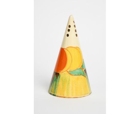 'Delecia Citrus' a Clarice Cliff Bizarre Conical sugar sifter,  painted in colours printed factory mark, 14cm. high Provenanc