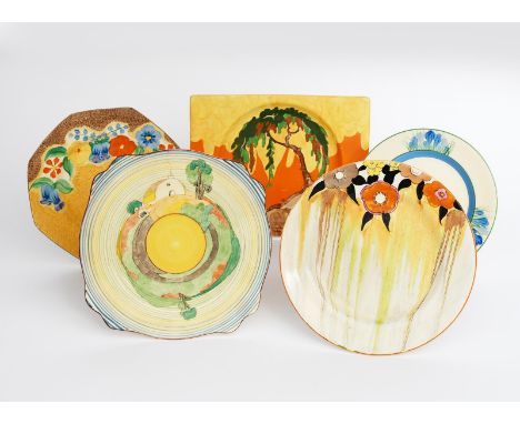 'Brookfields' a Clarice Cliff plate, painted in colours a Clarice Cliff 'Canterbury Bells' Octagonal plate, a 'Blue Crocus' p
