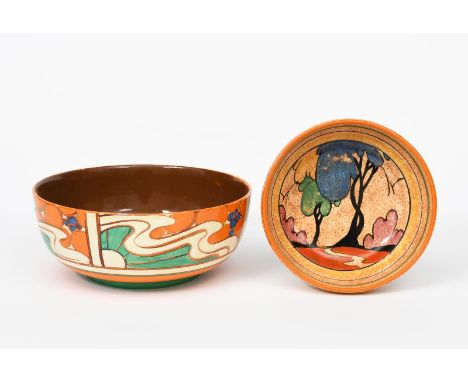 'Cafe au Lait Autumn' a Clarice Cliff footed bowl, painted in colours on a mottled ground, and  a larger Clarice Cliff 'Sunri