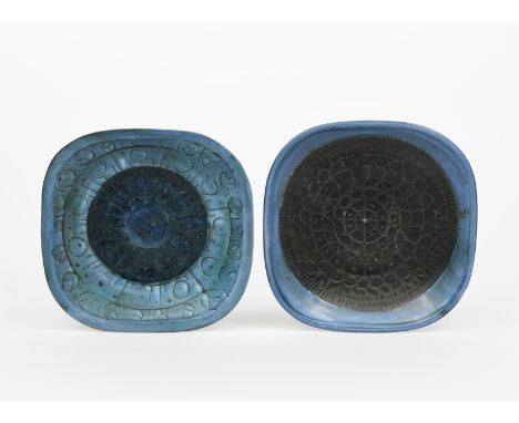 A Troika Pottery square dish, resist decorated with radiating geometric design in blue, and another similar with resist decor