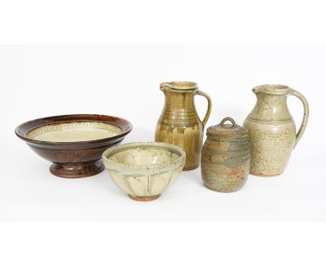 ‡ Richard Batterham (born 1936) a cut-sided stoneware bowl, covered to the foot in an ash glaze, a larger pedestal bowl by Ri