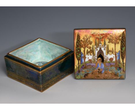 'Nizami' a rare Wedgwood Fairyland lustre box and cover designed by Daisy Makeig-Jones, pattern Z5492, square section, printe