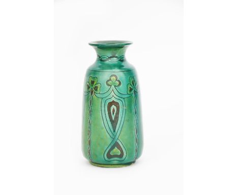 A Della Robbia Pottery vase by Annie Smith, dated 1902, cylindrical, shouldered form with everted rim, incised and painted wi