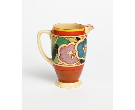 'Red Gardenia' a Clarice Cliff Fantasque Bizarre Coronet jug, painted in colours between red, yellow and brown bands, printed