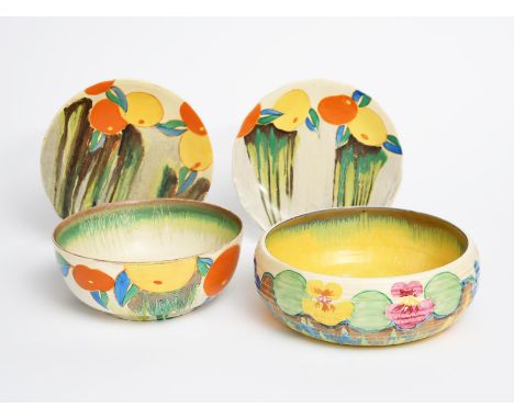 'Delecia Nasturtium' a Clarice Cliff Bizarre Bowl, painted in colours, a 'Delecia Citrus'  bowl and two plates, printed facto